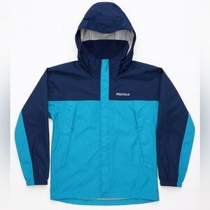 New Marmot PreCip Eco Rain Jacket Kids Hooded Windbreaker Blue Navy Waterproof M